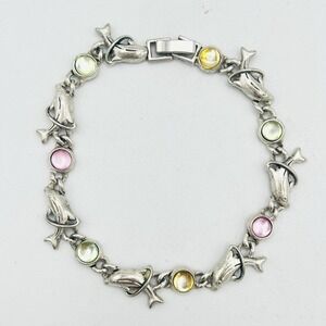 Dolphin Jumping Hoops Link Silver Bracelet Crystal Multicolor Pink Green Yellow